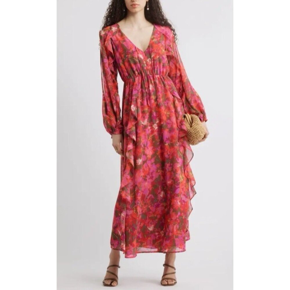 Chelsea 28 Red Black Floral V-Neck Ruffle Tiered Maxi Dress Nordstrom XS NEW